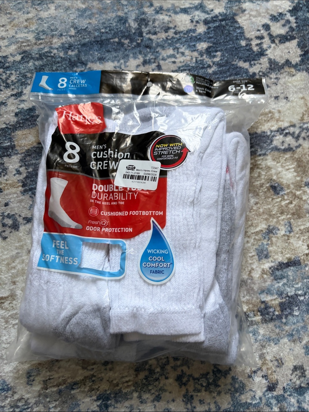 Hanes Men's White 8-Pack Cushion Crew Socks